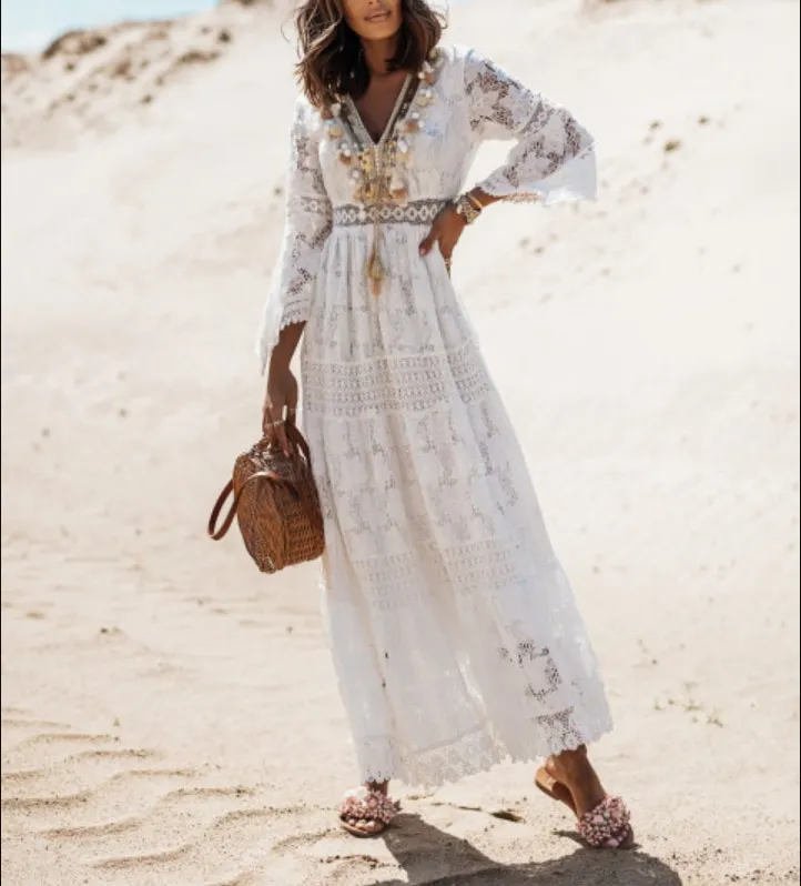 Long Dress Women Boho Lace Maxi Dress Summer Beach Holiday White