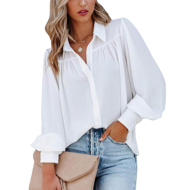 Women's%20Clothing%20Lantern%20Sleeve%20Pleated%20Solid%20Standing%20Collar%20Loose%20Shirt%20Long-Sleeved%20For%20Women%20Top%20-%20Image%206