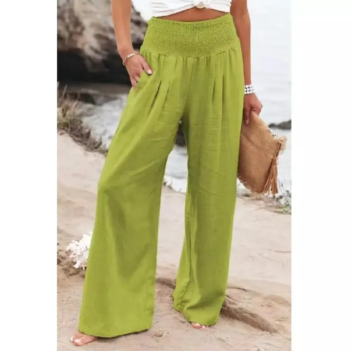Women%20Viscose%20Pants%20Elastic%20High%20Waist%20Wide%20Leg%20Lounge%20Pants%20Casual%20Loose%20Beach%20Pants%20with%20Pockets%20-%20Image%202