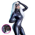 Women Black Spider Pattern Bodysuit Halloween Superhero Girl Cosplay Costume Catsuit Stretch Jumpsuit Faux Leather Romper. 