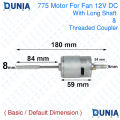 775 / 755 DC FAN Motor 12V with Long Shaft and Threaded Coupler. 