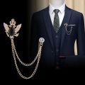 Eagle Wings Crystal Chain Brooch Metal Lapel Pin Brooches Suit Shirt Collar Men.