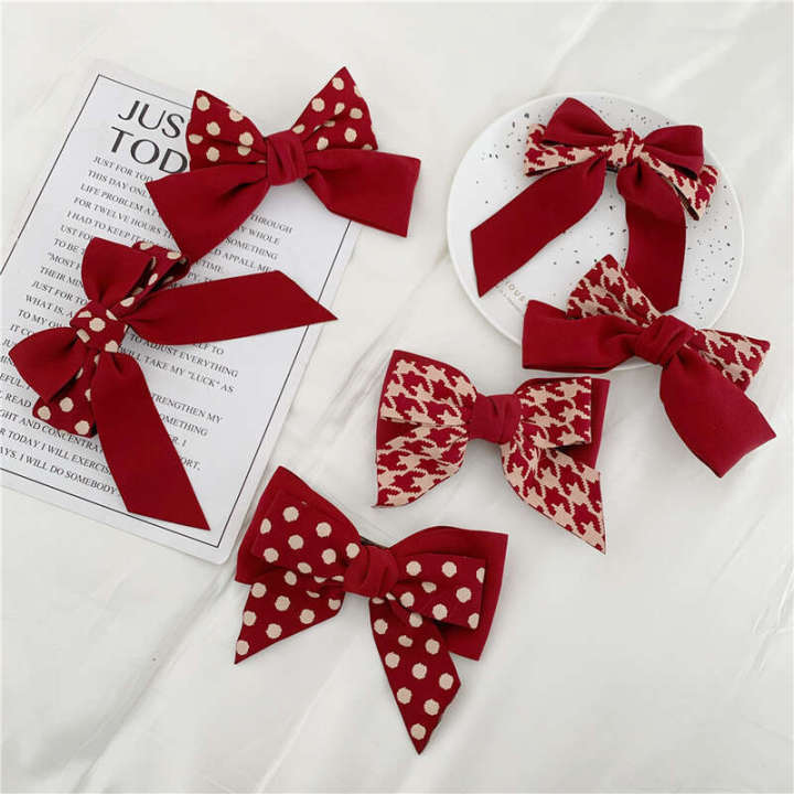 Simple polka dot checkered bow spring clip sweet versatile New Year red accessory Japanese and Korean hair clip at back of the head