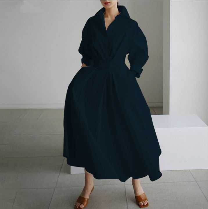 S-5XL%20Korean%20Fashion%20Long%20Sleeve%20Shirt%20Dress%20Chic%20Turndown%20Neck%20Ruched%20Maxi%20Dress%20Women%202022%20Autumn%20Winter%20Clothes%20Streetwear%20-%20Image%206