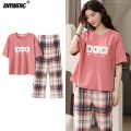 Sleepwear Cartoon Cotton Pajamas for Women Long Pants Short Sleeved Summer Spring Loungewear  Fashion Home Clothing Homewear. 