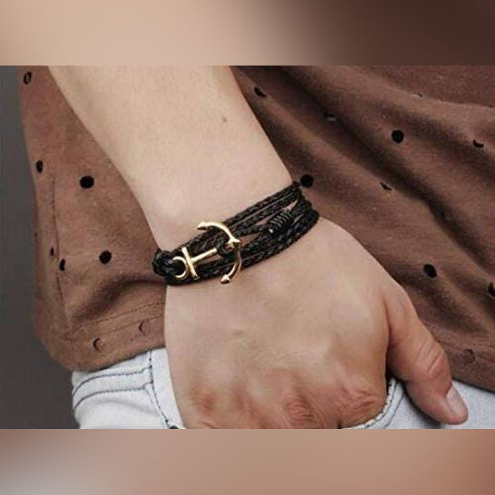 s925 Anchor Leather Bangle #Lncs（Men's Anchor Edge Leather