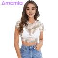 Women Cropped Tops Stylish Ser Mesh Crop Top O-neck Short Sleeve Slim Fit Tee Shirt for Fashionistas See-through Mesh Crop Top. 