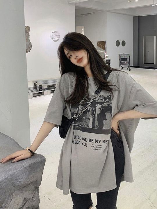 Gray Split T T-shirt Women's Short-Sleeved American Retro Design Niche Chic Top Women's Summer 2023 New half sleeve