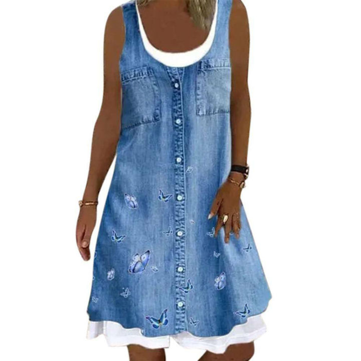 Midi%20Dress%20Ladies%20Shirt%20Dresses%20Plus%20Size%20Womens%20%20Two%20Piece%20Denim%20Print%20Casual%20Dress%20Sleeveless%20-%20Image%202