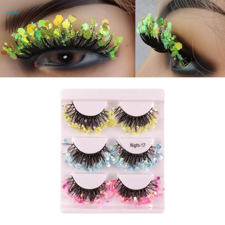 3 Pairs of Luminous False Eyelashes with Sequins, Makeup Colorful False Eyelashes with Glitter Sequins , 3 Colors