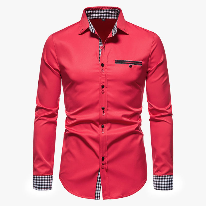 PARKLEES%202023%20Autumn%20Plaid%20Patchwork%20Formal%20Shirts%20for%20Men%20Slim%20Long%20Sleeve%20White%20Button%20Up%20Shirt%20Dress%20Business%20Office%20Camisas%20-%20Image%207