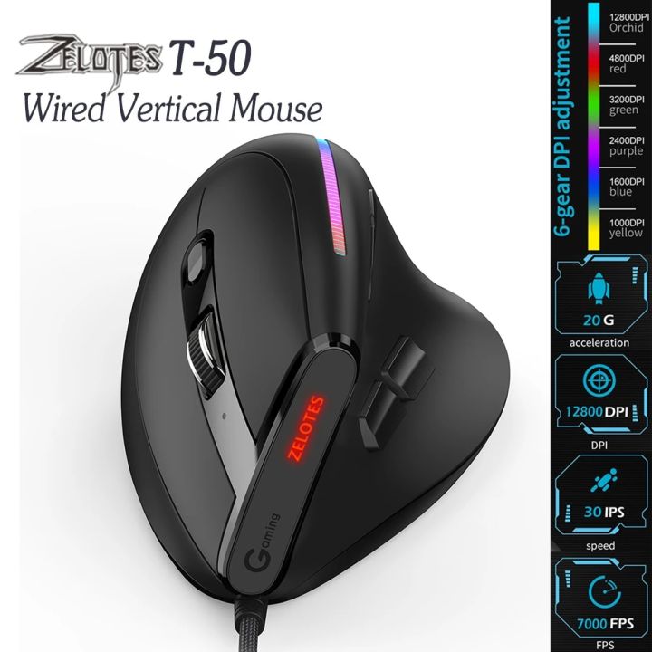 ZELOTES T-50 Wired Vertical RGB Gaming Mouse Optical Mouse 9Buttons 12800 DPI Adjustable for PC Computer Laptop Desktop Notebook