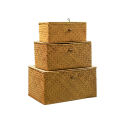 Handmade Straw Woven Storage Basket with Lid Makeup Organizer Storage Box Seagrass Laundry Baskets Rattan Jewelry Box(M).