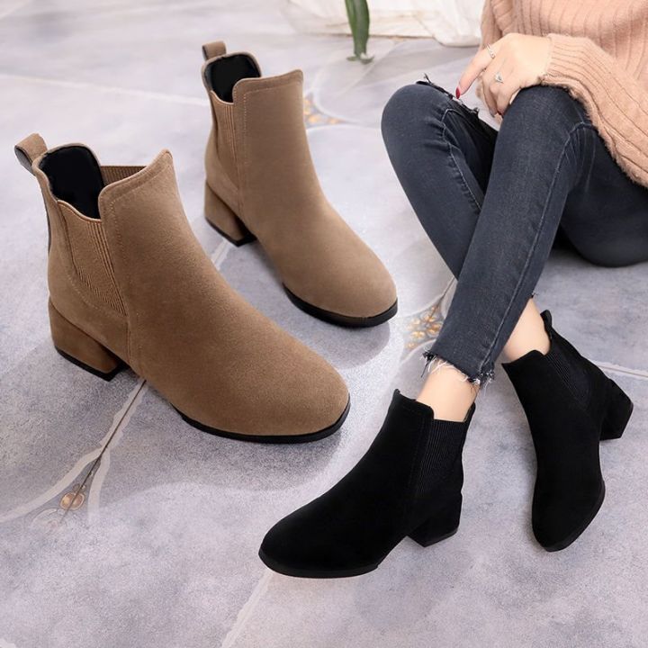 Nubuck Boots Women's Mid Heel 2022 New Block Heel Martin Boots Round Toe Women's Chelsea Boots Slip-on Mom Shoes