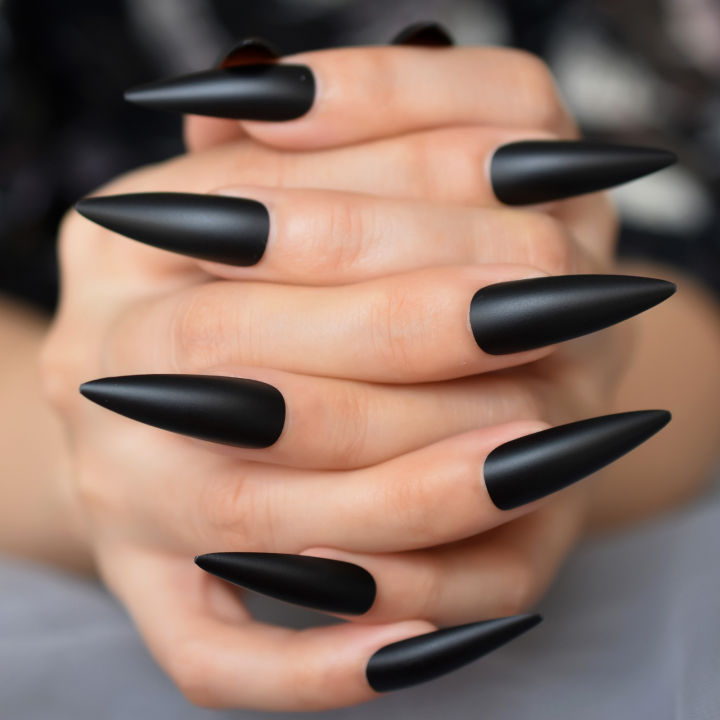 Solid%20Black%20Pointed%20Design%20Press%20on%20Nail%20Long%20Matte%20Frosted%20Stiletto%20Full%20Cover%20Artificial%20False%20Nails%20for%20Women%20Salon%20Home%20-%20Image%205
