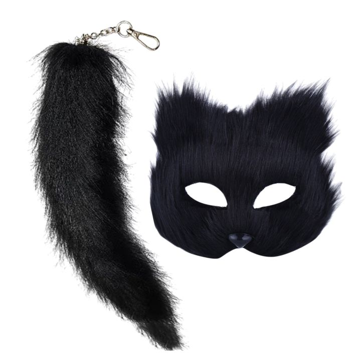 Happy night Therian Mask and Tail Set Fuzzy Cats Foxes Wolf Mask Tail Halloween Cosplays Costume Halloween Cosplays Stage Costume 2024