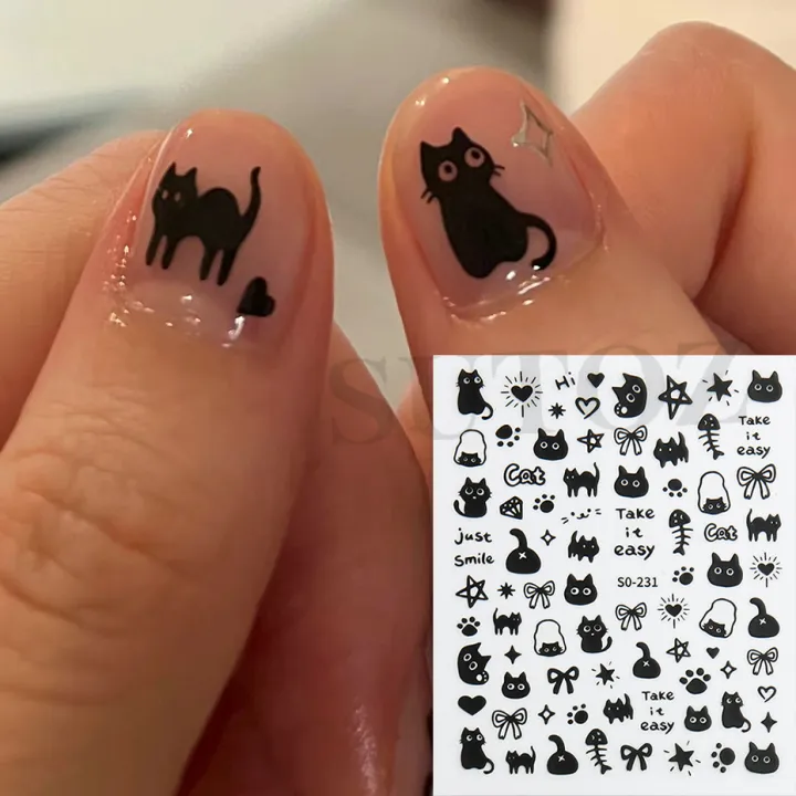 Cartoon%20Black%20Cats%20Nails%20Sticker%20Graffiti%20Painting%20Cute%20Kitten%20Black%20White%20Gold%20Silver%20Color%20Design%20Decals%20Nail%20Art%20Decor%20SO231%20-%20Image%202