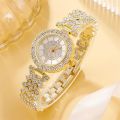 6PCS Set Watch Full Diamond Fashion Women Quartz Watch Ring Necklace Earrings Rhinestone Watches Bracelet Set Clock for Female.