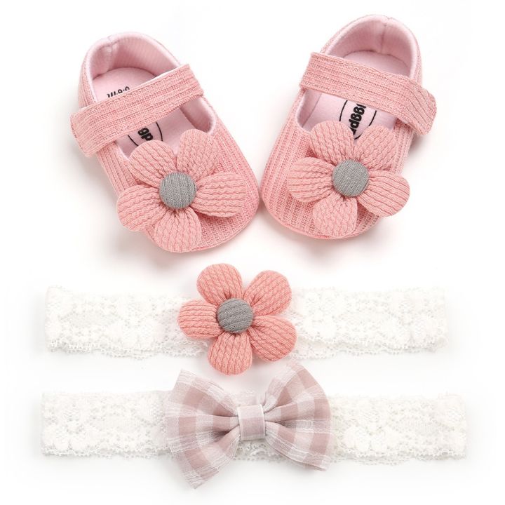 0-1 years old flower baby shoes and hair flower 3 piece set - Baby Shoes Girls