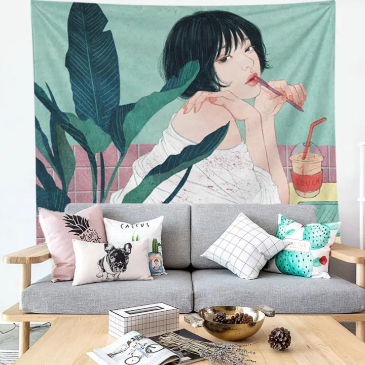 Freehand Sketching Style Girl Carpet Tapestry Blanket Rug Home Living Room Decor