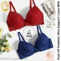 Combo 2 Pcs Elegant Push-Up Lace Bra – Underwire Support & Padded Cups, non-Removable Padding, Anti-Sagging Soft AC-Net / 2 Pcs Combo Premium Lace Panty – Women & Girls. 