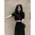 Summer Two Pieces Set Women Summer Korean Short Sleeve Shirt Female Black Casual Sets Suit Black Blouse Wide Leg Pants Suit 2XL.