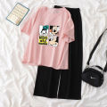 Single Piece / Suit T T-shirt Women's Summer Korean Style ins Cartoon Small Printed Loose Wide-Leg Pants Short-Sleeved Shirt Fashion.