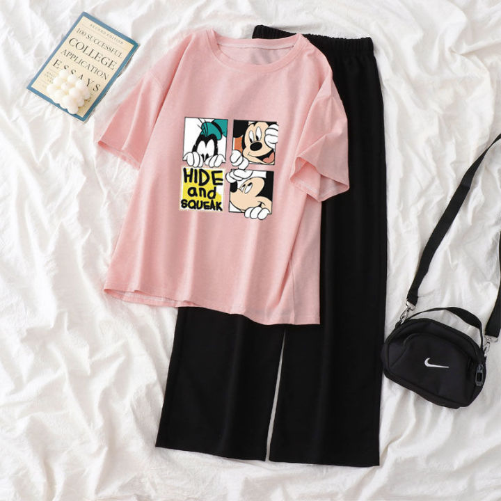 Single%20Piece%20/%20Suit%20T%20T-shirt%20Women's%20Summer%20Korean%20Style%20ins%20Cartoon%20Small%20Printed%20Loose%20Wide-Leg%20Pants%20Short-Sleeved%20Shirt%20Fashion%20-%20Image%204