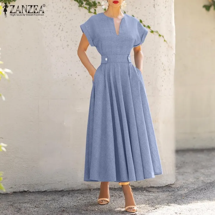 ZANZEA%20Summer%20Womens%20Festival%20Dress%20Tunic%20Sleeveless%20Ladies%20V%20Neck%20Party%20Cocktail%20Dress%20-%20Image%202