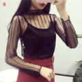 Women Fashion T-Shirts Mesh Sheer Party Long Sleeve Blouses Lady Sheer Fishnet See Through Transparent Top Lace Top Blouse. 
