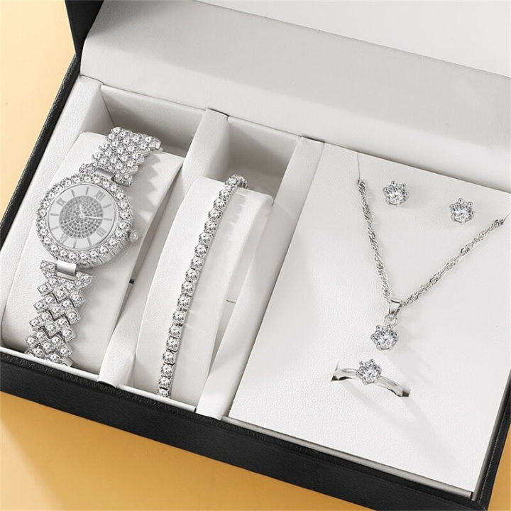 6PCS Set Watch Full Diamond Fashion Women Quartz Watch Ring Necklace Earrings Rhinestone Watches Bracelet Set Clock for Female
