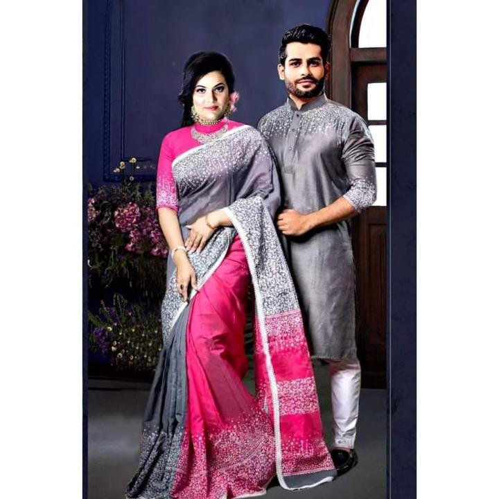 Stylish & fashionable New Matching best/Coupple Dress/For Men & Women / Saree & Panjabi/ (Combo Set))