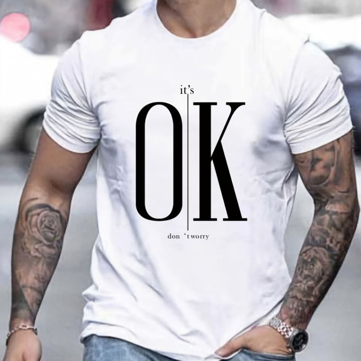 2024 New Men's T-Shirt Ok Text Tees Oversized Short-Sleeved Tops Quick-Drying Breathable Clothing Summer Shirt For Male T-shirts KEEMEEUYZO