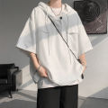 5 Colors Summer Hooded T shirt Men Korean Half Sleeve Pullover Streetwear Loose T-shirt Tops Drawstring Men Clothing 5XL-M. 