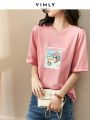 Vimly Summer T Shirt Loose Casual Tees Aesthetic Vintage 100% Cotton Pink O Neck Printing Short Sleeve Tops Women Clothes V6110.