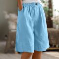 Fashion Solid Color Pants Pocket Button Up Capris Elastic Waist Loose Cotton Linen Women's Shorts.