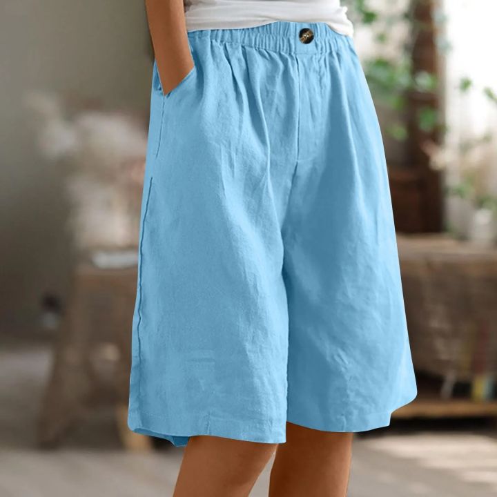 Fashion%20Solid%20Color%20Pants%20Pocket%20Button%20Up%20Capris%20Elastic%20Waist%20Loose%20Cotton%20Linen%20Women's%20Shorts%20-%20Image%203