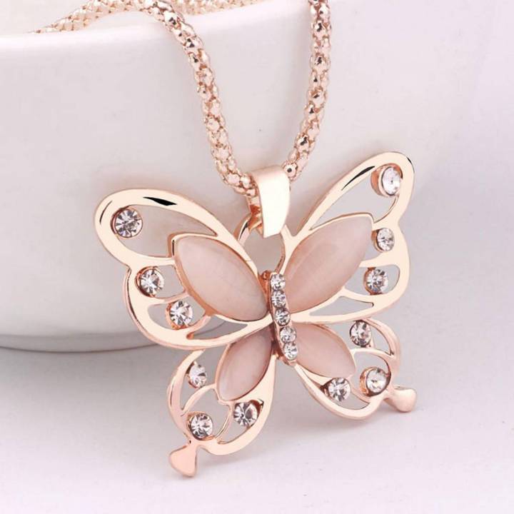【The road to happiness Store】Neaklace for women Fashion Women Rose Gold Butterfly Charm Pendant Long LKTTT