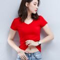 Solid V Neck T Shirt Women Summer Slim Fit Cotton T-Shirts Short Sleeve Female Casual Comfy Base Shirt All Match Lady 2022 Tees.