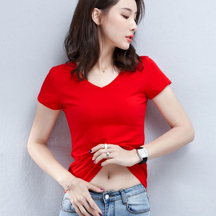 Solid V Neck T Shirt Women Summer Slim Fit Cotton T-Shirts Short Sleeve Female Casual Comfy Base Shirt All Match Lady 2022 Tees