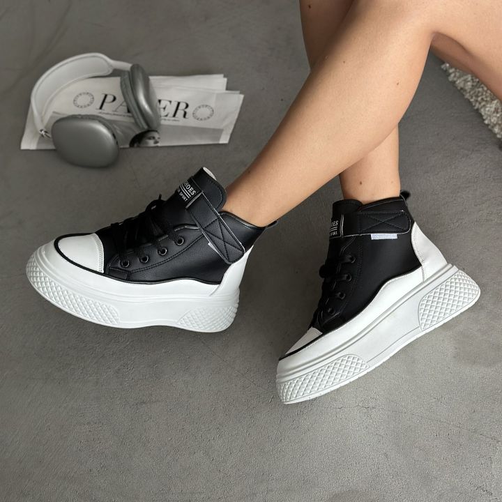 Women’s High-Top Platform Sneakers – Black & White Chunky Sole Casual ...