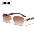 HBK Small Rectangle Rimless Sunglasses Men Vintage Frameless Fashion Square Sun Glasses for Women Polygon Wood Grain Blue UV400.