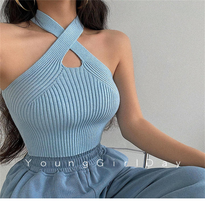 Stretchy Summer halter top Versatile Soft Lightweight Women's knitted vest Sleeveless Breathable Solid color cropped top for Beachwear Party outfit Casual wear Vacation essential Perfect for summer