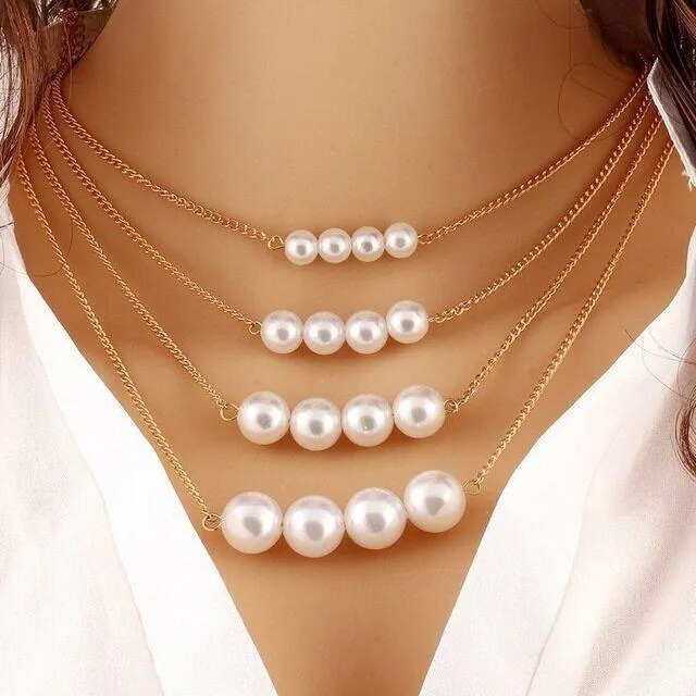 Necklace for girls Trendy Hot Style Multilayer Metal Double-Sided Pearl  Jewelry Clavicle Chain Necklace For Women
