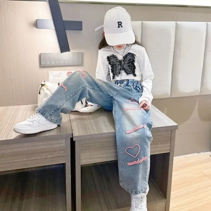 New%202024%20Spring%20Teenagen%20Girls%20Jeans%20Stars%20Love%20Towel%20Embroidered%20wide%20Leg%20Long%20pants%20Baggy%20Denim%20Trousers%20for%204-13yrs%20Kids%20Girl%20-%20Image%203