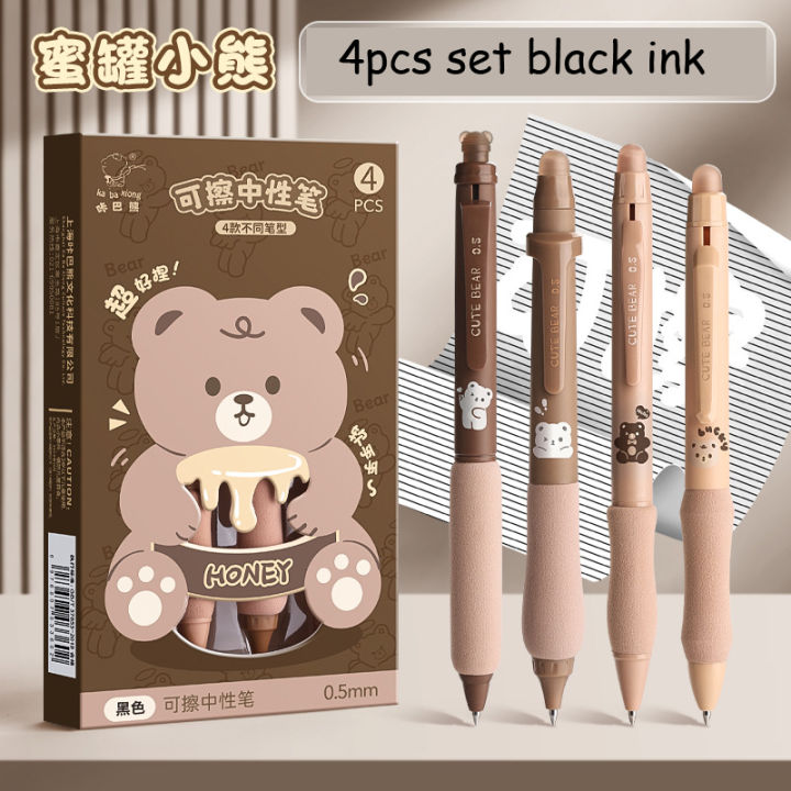 4pcs Erasable Pen Set Black Blue Ink Soft Grip Kawaii Gel Pen School Supplies Japanese Kawaii Stationery Aesthetic Pens