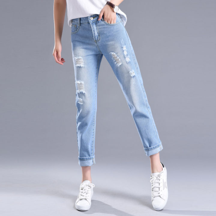 Ripped%20jeans%20cropped%20pants%20women's%20black%20and%20white%20loose%20student%20light%20color%20bf%20beggar%20pants%20spring%20new%20harlan%209%20point%20pants%20-%20Image%207