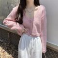 Y2k Women Cardigan Sweater Knitted Cropped Korean Short Long sleeve Crop Top V neck Fashion Clothe.