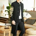 Trench Coat Men two Pieces Cardigan Kimono Embroidered Coat Male Long Chinese Style Black Loose Vintage Cotton Linen Jacket. 