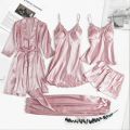 5pcs Silk Robe Set Women Lace Pajamas Gown Set V-Neck Nighties Wear Home Nightwear Pijama Sleepsuit Spring Nightdress. 